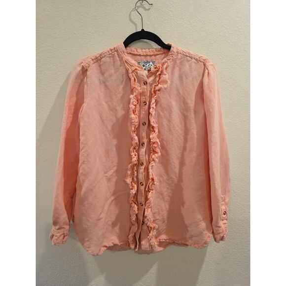 Anthropologie Boho Top Small Womens Pilcro Pink Linen Ruffle Button Up Shirt - Picture 2 of 7
